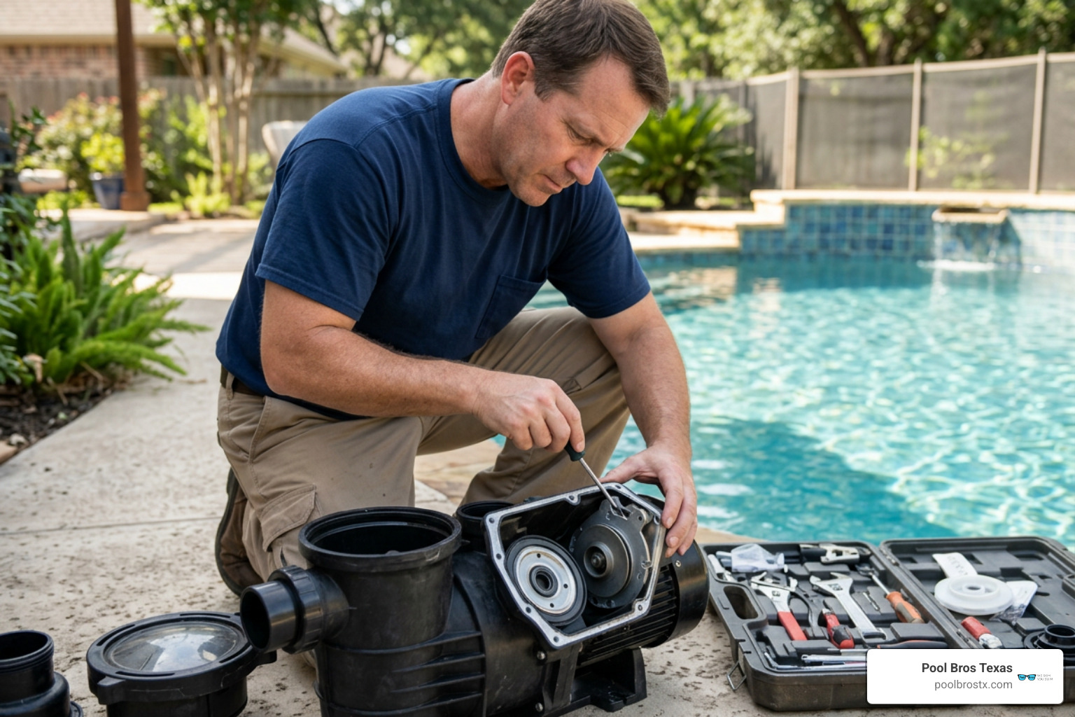 Technician opening a pool pump housing to inspect the motor and bearings